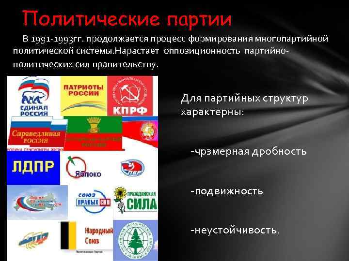 Политические партии В 1991 -1993 гг. продолжается процесс формирования многопартийной политической системы. Нарастает оппозиционность