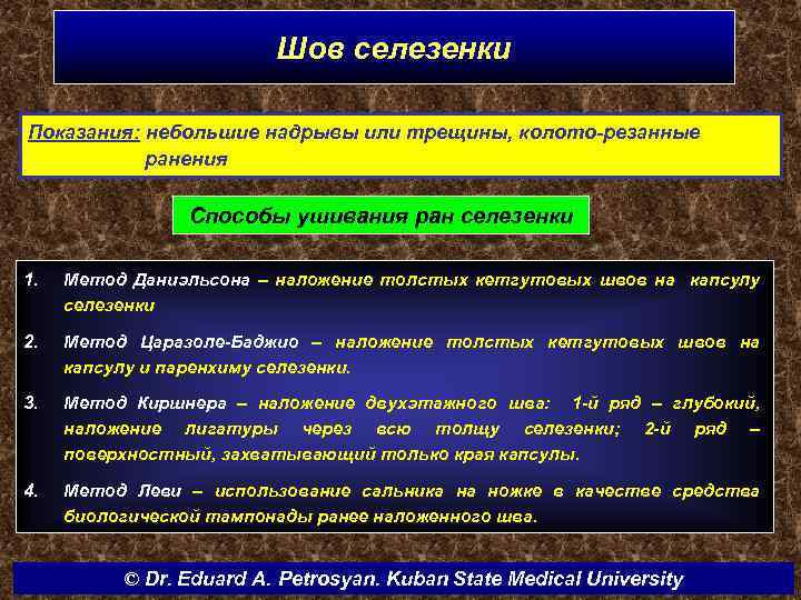Шов селезенки Показания: небольшие надрывы или трещины, колото-резанные ранения Способы ушивания ран селезенки 1.
