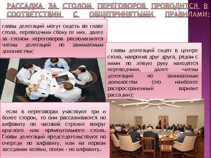 главы делегаций могут сидеть во главе стола, переводчики сбоку от них, далее за столом