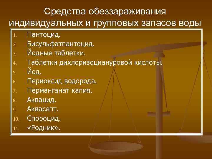 Средства обеззараживания индивидуальных и групповых запасов воды 1. 2. 3. 4. 5. 6. 7.