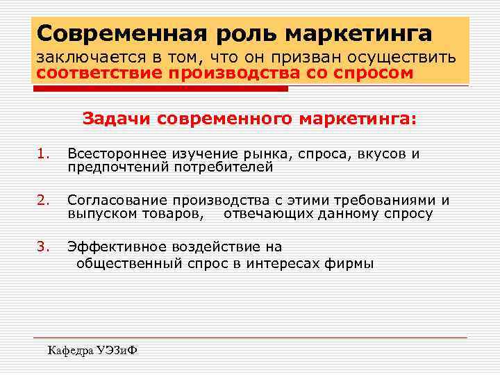 Современная роль маркетинга заключается в том, что он призван осуществить соответствие производства со спросом