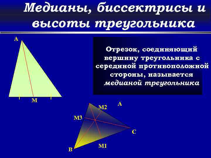 Медианы, биссектрисы и высоты треугольника A Отрезок, соединяющий вершину треугольника с серединой противоположной стороны,