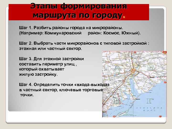 Этапы формирования маршрута по городу. Шаг 1. Разбить районы города на микрорайоны. (Например: Коммунаровский
