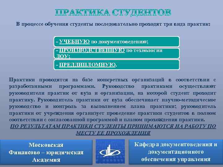 В процессе обучения студенты последовательно проходят три вида практик: - УЧЕБНУЮ по документоведению; -