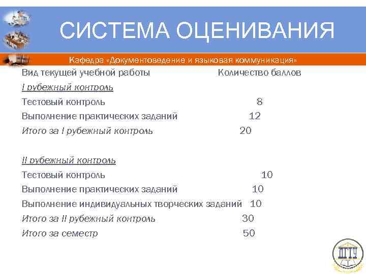 СИСТЕМА ОЦЕНИВАНИЯ Кафедра «Документоведение и языковая коммуникация» Вид текущей учебной работы I рубежный контроль