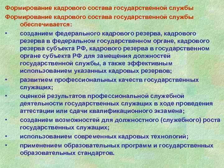 Формирование кадрового состава государственной службы обеспечивается: • созданием федерального кадрового резерва, кадрового резерва в