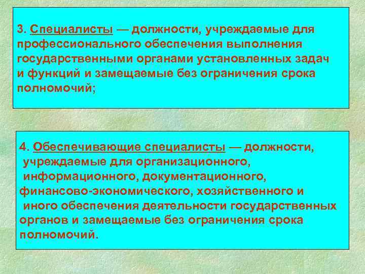 3. Специалисты — должности, учреждаемые для профессионального обеспечения выполнения государственными органами установленных задач и