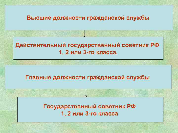 Высшие должности гражданской службы Действительный государственный советник РФ 1, 2 или 3 го класса.