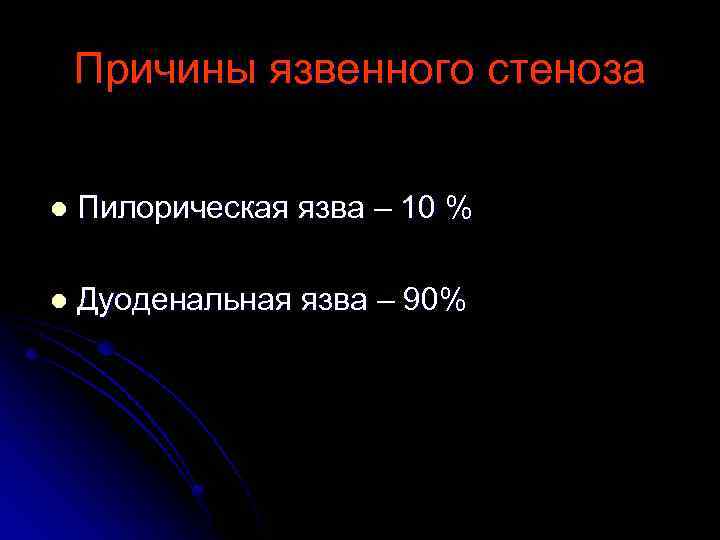 Причины язвенного стеноза l Пилорическая язва – 10 % l Дуоденальная язва – 90%