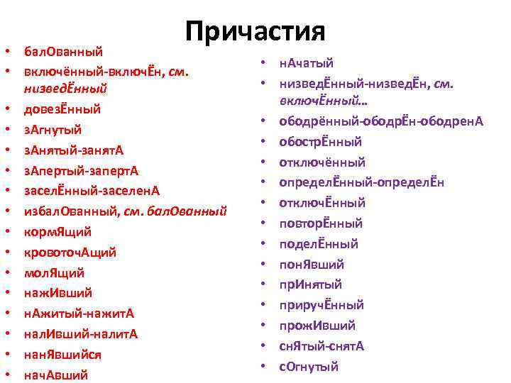 Причастия • бал. Ованный • включённый-включЁн, см. низведЁнный • довезЁнный • з. Агнутый •