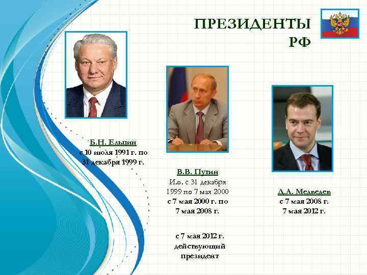 ПРЕЗИДЕНТЫ РФ Б. Н. Ельцин с 10 июля 1991 г. по 31 декабря 1999
