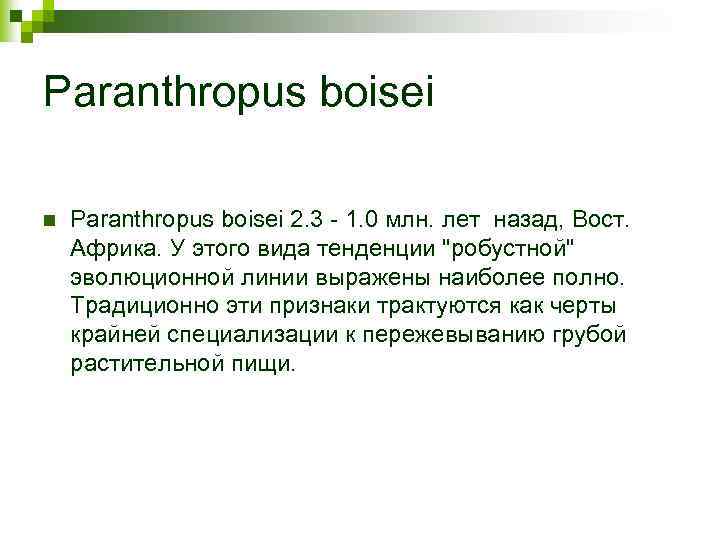 Paranthropus boisei n Paranthropus boisei 2. 3 - 1. 0 млн. лет назад, Вост.