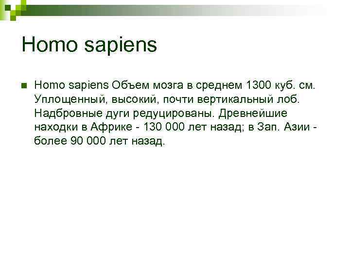 Homo sapiens n Homo sapiens Объем мозга в среднем 1300 куб. см. Уплощенный, высокий,