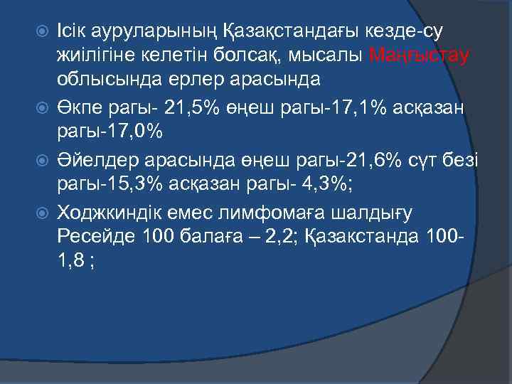 Ісік ауруларының Қазақстандағы кезде-су жиілігіне келетін болсақ, мысалы Маңғыстау облысында ерлер арасында Өкпе рагы-