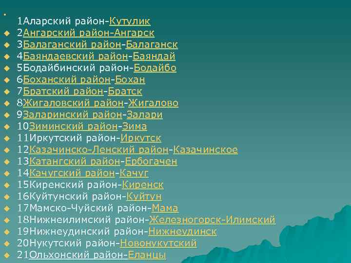 u u u u u u 1 Аларский район Кутулик 2 Ангарский район Ангарск