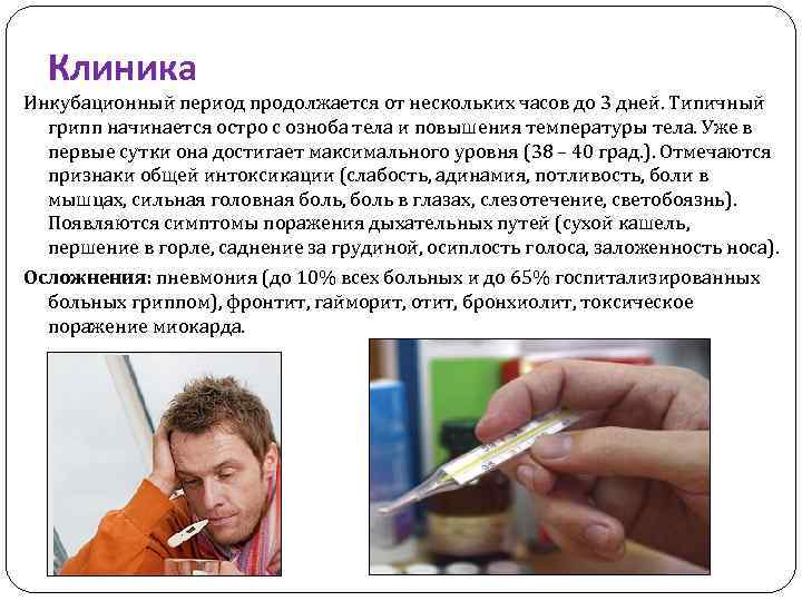 Клиника Инкубационный период продолжается от нескольких часов до 3 дней. Типичный грипп начинается остро