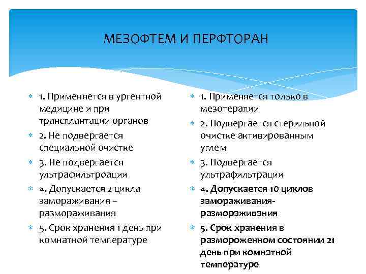  МЕЗОФТЕМ И ПЕРФТОРАН 1. Применяется в ургентной медицине и при трансплантации органов 2.