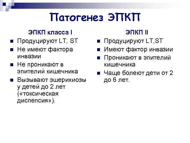 Патогенез ЭПКП n n ЭПКП класса I Продуцируют LT, ST Не имеют фактора инвазии