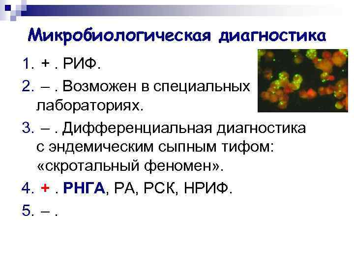 Микробиологическая диагностика 1. +. РИФ. 2. –. Возможен в специальных лабораториях. 3. –. Дифференциальная