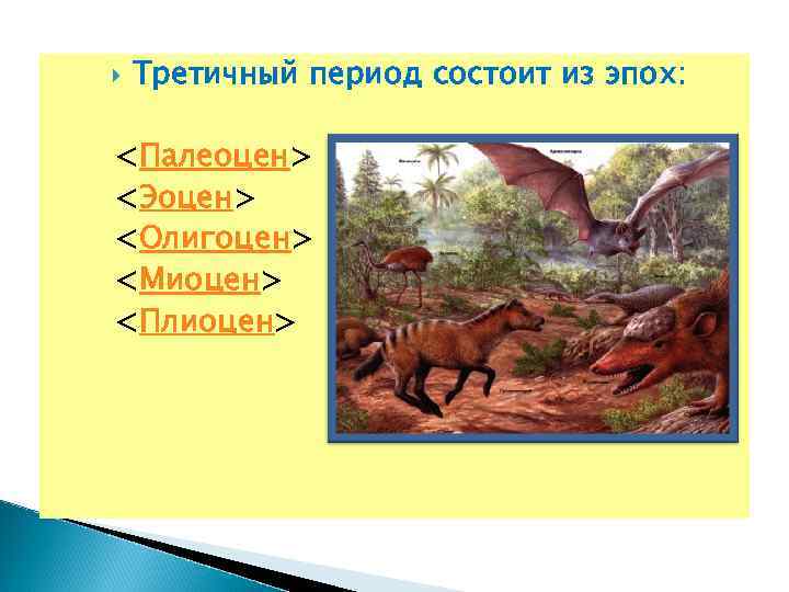  Третичный период состоит из эпох: <Палеоцен> <Эоцен> <Олигоцен> <Миоцен> <Плиоцен> 
