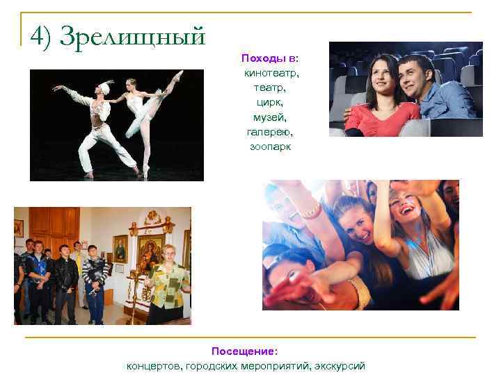 4) Зрелищный Походы в: кинотеатр, цирк, музей, галерею, зоопарк Посещение: концертов, городских мероприятий, экскурсий