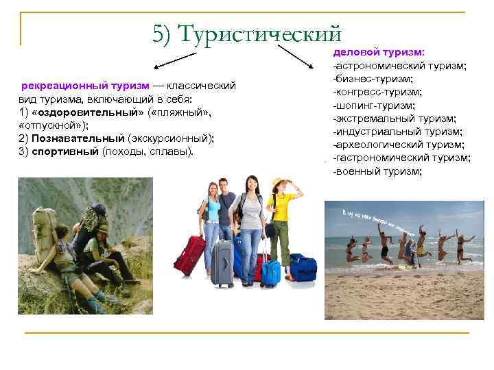 5) Туристический деловой туризм: рекреационный туризм — классический вид туризма, включающий в себя: 1)