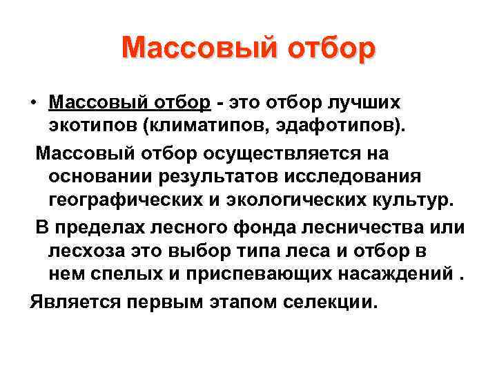 Массовый отбор • Массовый отбор - это отбор лучших экотипов (климатипов, эдафотипов). Массовый отбор