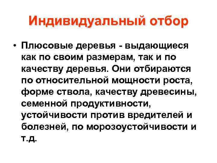 Индивидуальный отбор • Плюсовые деревья - выдающиеся как по своим размерам, так и по