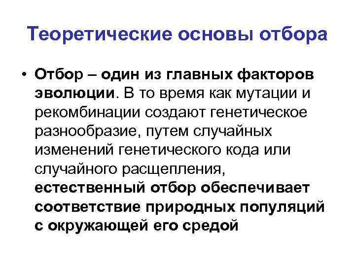 Теоретические основы отбора • Отбор – один из главных факторов эволюции. В то время