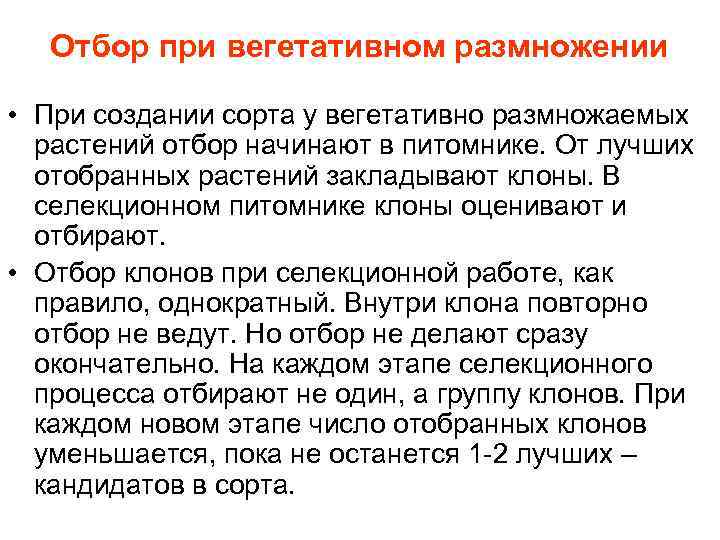 Отбор при вегетативном размножении • При создании сорта у вегетативно размножаемых растений отбор начинают