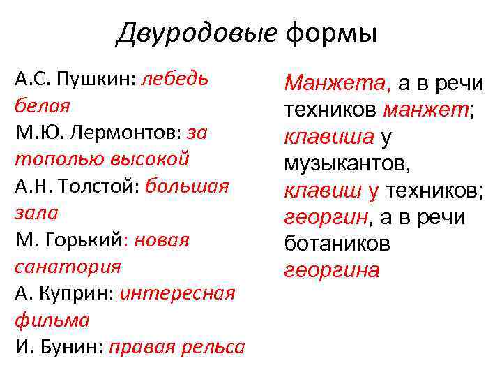 Двуродовые формы А. С. Пушкин: лебедь белая М. Ю. Лермонтов: за тополью высокой А.