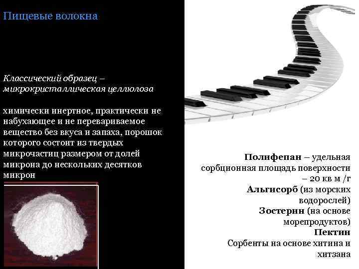 Пищевые волокна Классический образец – микрокристаллическая целлюлоза химически инертное, практически не набухающее и не