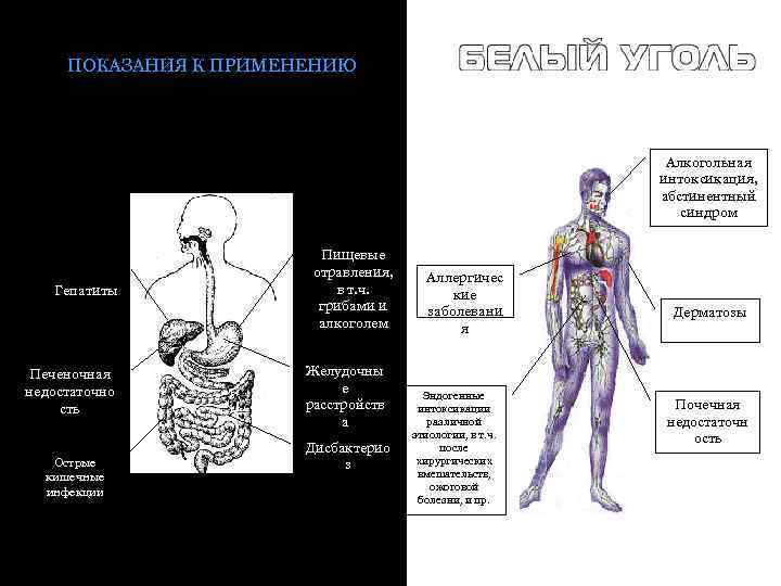 ПОКАЗАНИЯ К ПРИМЕНЕНИЮ Алкогольная интоксикация, абстинентный синдром Гепатиты Печеночная недостаточно сть Острые кишечные инфекции