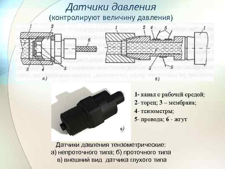 Датчики давления (контролируют величину давления) 1 - канал с рабочей средой; 2 - торец;