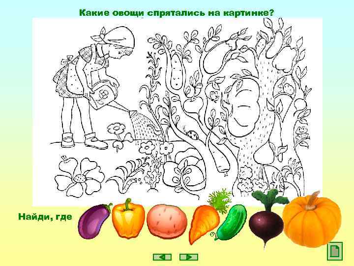 Какие овощи спрятались на картинке? Найди, где 