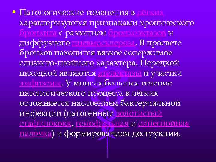  • Патологические изменения в лёгких характеризуются признаками хронического бронхита с развитием бронхоэктазов и