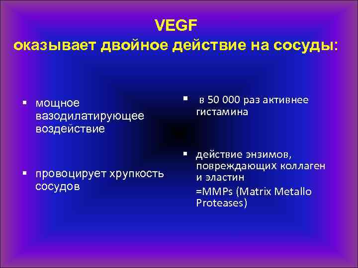 VEGF оказывает двойное действие на сосуды: § мощное вазодилатирующее воздействие § провоцирует хрупкость сосудов