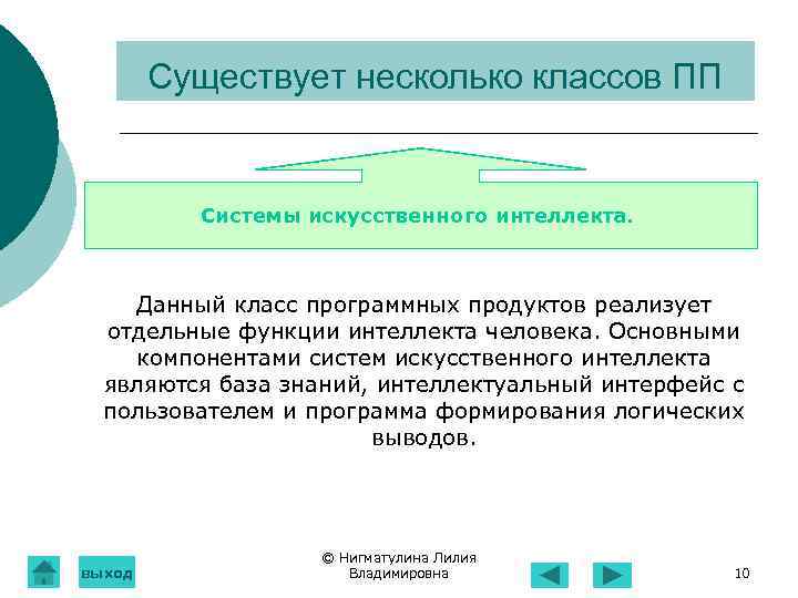 Существует несколько классов ПП Системы искусственного интеллекта. Данный класс программных продуктов реализует отдельные функции