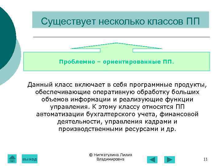 Существует несколько классов ПП Проблемно – ориентированные ПП. Данный класс включает в себя программные