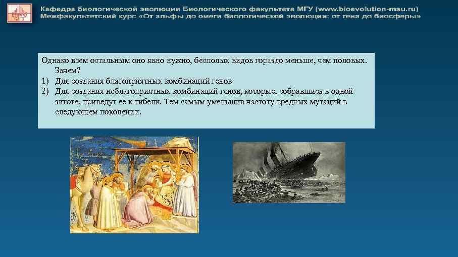 Однако всем остальным оно явно нужно, бесполых видов гораздо меньше, чем половых. Зачем? 1)