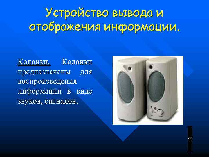 Устройство вывода и отображения информации. Колонки предназначены для воспроизведения информации в виде звуков, сигналов.