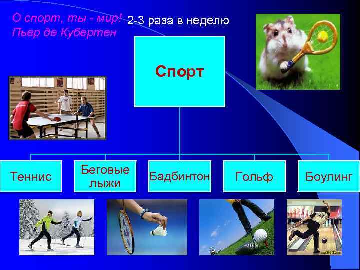 О спорт, ты - мир! 2 -3 раза в неделю Пьер де Кубертен Спорт