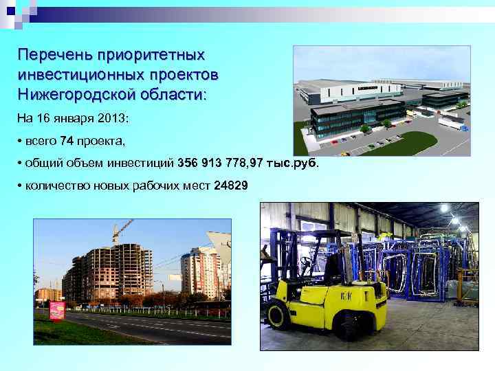 Перечень приоритетных инвестиционных проектов Нижегородской области: На 16 января 2013: • всего 74 проекта,