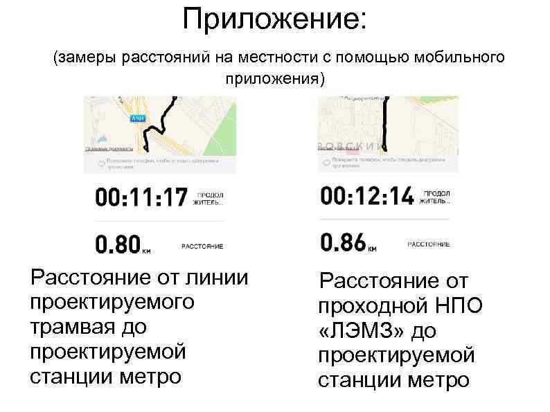 Приложение: (замеры расстояний на местности с помощью мобильного приложения) Расстояние от линии проектируемого трамвая