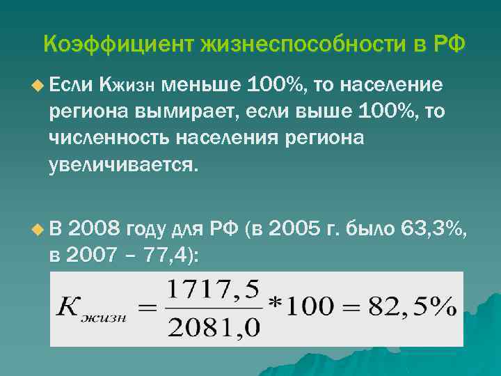 Коэффициент жизнеспособности в РФ u Если Кжизн меньше 100%, то население региона вымирает, если