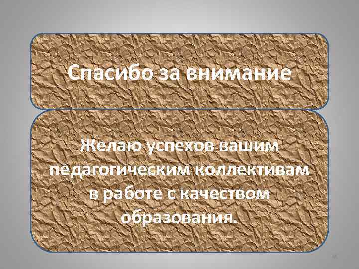 Спасибо за внимание Желаю успехов вашим педагогическим коллективам в работе с качеством образования. 46