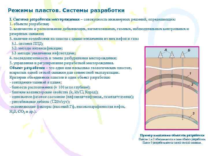 Режимы пластов. Системы разработки I. Система разработки месторождения – совокупность инженерных решений, определяющих: 1.
