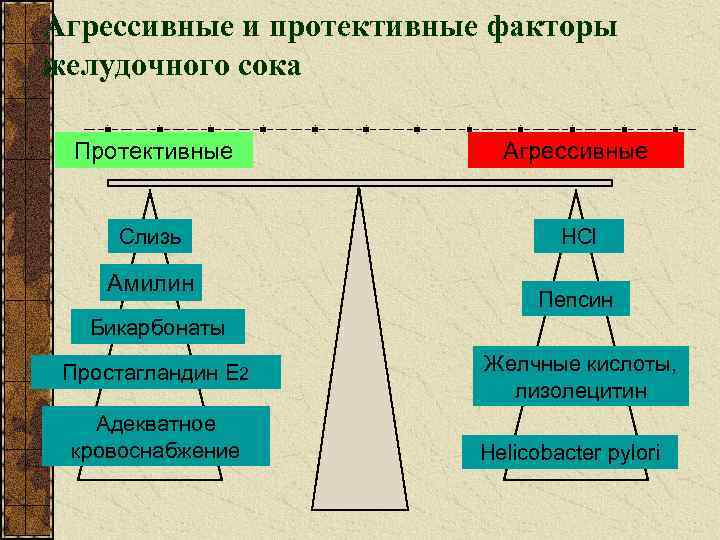 Агрессивные и протективные факторы желудочного сока Протективные Агрессивные Слизь HCl Амилин Пепсин Бикарбонаты Простагландин