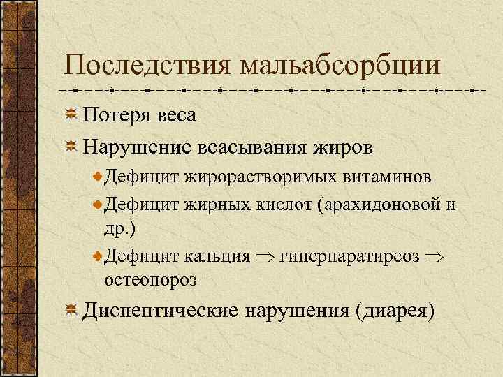 Последствия мальабсорбции Потеря веса Нарушение всасывания жиров Дефицит жирорастворимых витаминов Дефицит жирных кислот (арахидоновой