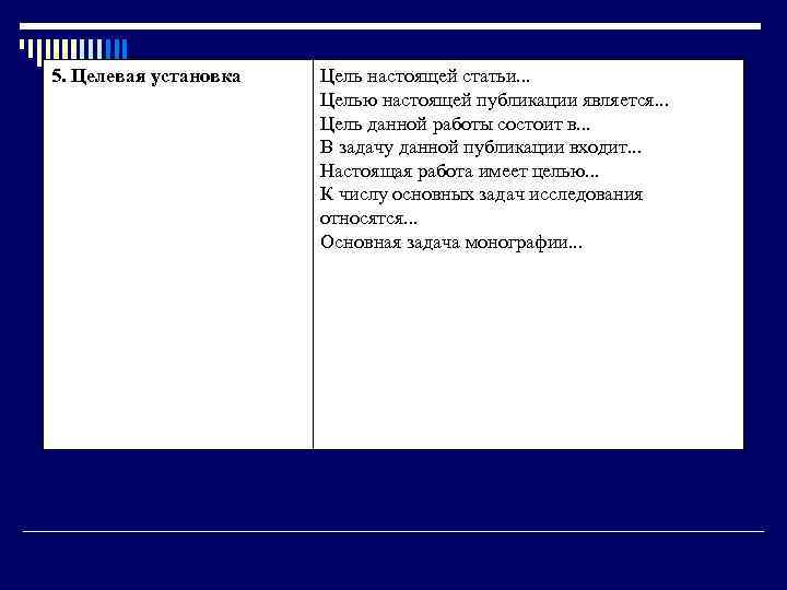 5. Целевая установка Цель настоящей статьи. . . Целью настоящей публикации является. . .